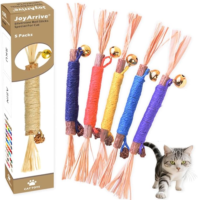 Natural Dried Matatabi Cat Chew Stick with Gall Fruit, Raffia Grass & Bell Cat Ball Toys, Handmade Silvervine Sticks Interactive Catnip Toys for Teething & Entertainment (Size M Color D)