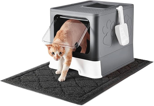 Cat Litter Box with X-Large Litter Mat and Scoop, Large Foldable Litter Box with Lid, Enclosed Kitty Box,Front Top Entry Exit, Odor Control Easy to Clean (Upgrade Dark Grey)