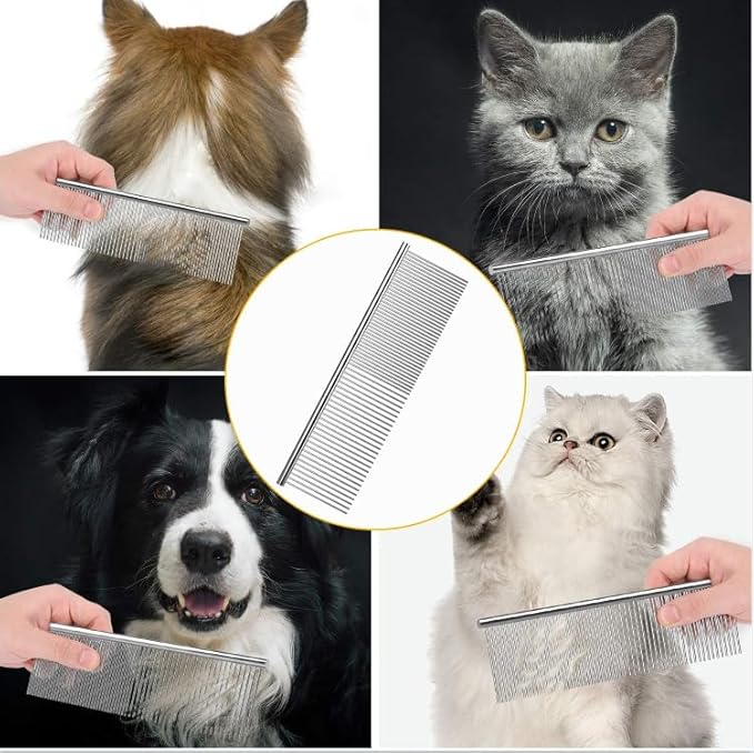 Dog Combs with Rounded Ends Stainless Steel Teeth, Cat Comb Effective at Removing Tangles and Knots, Professional Grooming Tool for Long and Short Haired Dog, Cat and other pets