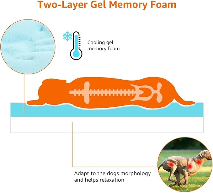 Amazon Basics Dog Bed with Cooling Gel Memory Foam, Pressure-Relief Support for Dogs up to 120lbs, Non-Slip Bottom, Machine Washable Cover, Giant Sized (50" x 34"), Grey
