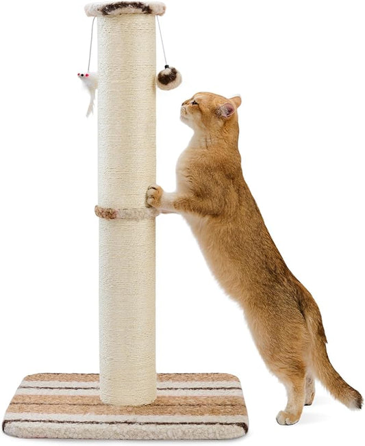 Joydeco Cat Scratching Post 38 Inches Heavy Duty and Thick Scratching Post Sisal Rope with Hanging Ball and Mice for Indoor Cats(Coffee)