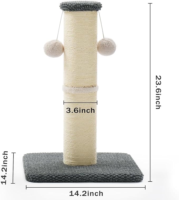 Made4Pets Tall Cat Scratching Post, 23.6" Natural Sisal Cat Scratcher with Hanging Balls, Heavy Duty and Thicker Scratching Post for Indoor Cats Adults, Sturdy Base Cat Scratch Post, Dark Grey