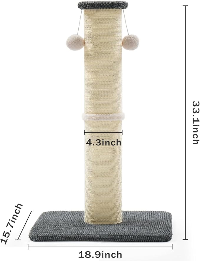 Made4Pets Tall Cat Scratching Post, 33" Natural Sisal Cat Scratcher with Hanging Balls, Heavy Duty and Thicker Scratching Post for Indoor Cats Adults, Sturdy Base Cat Scratch Post, Dark Grey