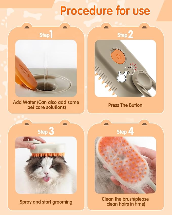 2026 New Pet Steam Brush, Cat Steam Brush for Shedding & Deshedding - 3-in-1 USB Rechargeable Pet Hair Removal Comb with Water Tank, for Indoor Long/Short Haired Cats & Dogs (Add 20mL wash C)