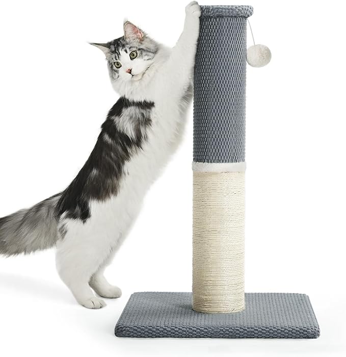 Made4Pets Tall Cat Scratching Post, Heavy Duty and Thicker Scratching Posts for Indoor Cats Adults, 23.6" Natural Sisal Cat Scratcher with Hanging Balls, Sturdy Base Cat Scratch Post, Light Grey