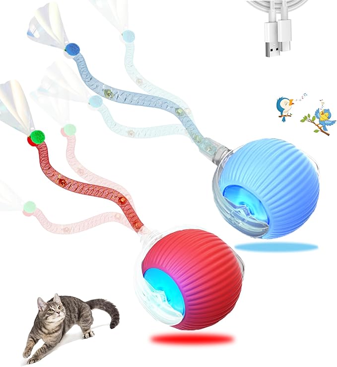 2 Pcs Interactive Cat Toys for Indoor Cats,Kitten Toys with Chirping & Motion Activate,Interactive Cat Toy for Bored Indoor Adult Cats,Red and Blue
