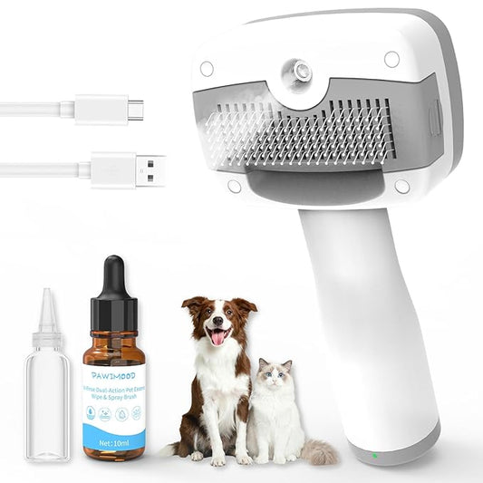 Pet Steam Brush for Dogs & Cats, 3-in-1 Steam Grooming Brush for Shedding & Hair Removal - Self Cleaning Spray Comb with Mist for Long Haired Pets - Includes Pet Essence
