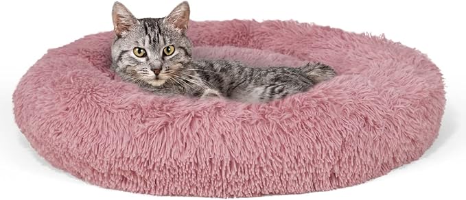 CAPHAUS 24/30 Inch Calming Donut Pet Bed for Small/Medium Cats and Dogs, Anti-Slip Bottom, Washable, Anti-Anxiety Fluffy Round Cat Bed, Indoor Shaggy Cuddler Cotton Candy Brown, Light Gray, Pink Bed