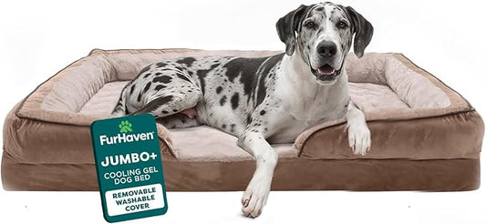 FurHaven Cooling Gel Dog Bed for Large Dogs, Perfect Comfort Sofa Bed with Cool Gel-Top Foam & Solid Orthopedic Foam Base for Joint Support, Washable Cover, Jumbo Plus/XXL, Plush & Velvet, Brownstone