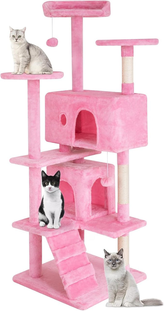 PayLessHere Cat Tree 54in Cat Tower with Cat Scratching Post, Multi-Level Cat Condo Stand House Furniture Kitty Activity Center with Furry Ball Toys for Indoor Cats (Pink)