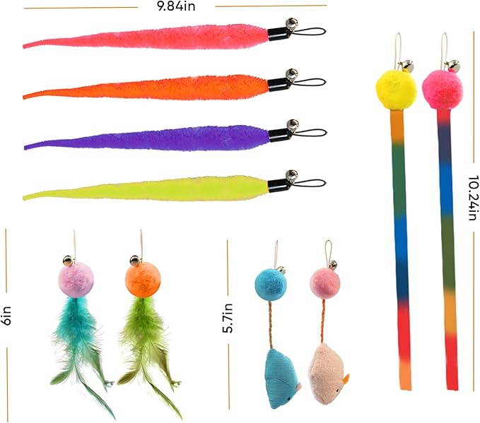 Cat Toys for Indoor Cats, 11 Packs Interactive Cat Wand Toy Set with Feather Toys&Ribbon Refills,Retractable Cat Wand with Bell Refills for Kittens Play and Exercise
