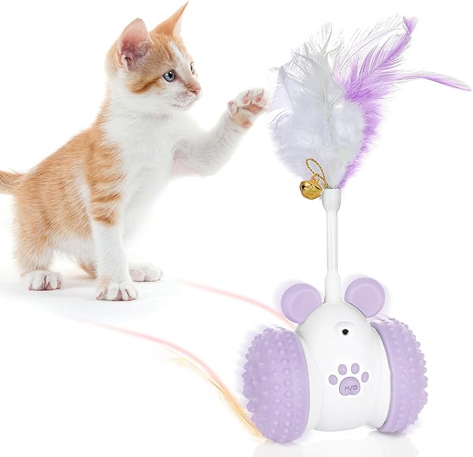 Interactive Cat Toy – Automatic Motion-Activated Cat Ball with Feathers & Jingle Bell, 360° Rotating, Rechargeable 2000mAh Battery, LED Light, Night Auto-Off – Ideal for Indoor Cats (Purple)