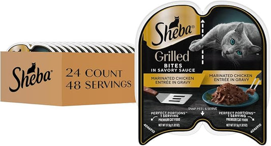 Sheba Perfect Portions Grilled in Savory Sauce Adult Wet Cat Food, Marinated Chicken Entree in Gravy, 2.64 oz. Twin-Pack Trays, 24 Count, 48 Servings