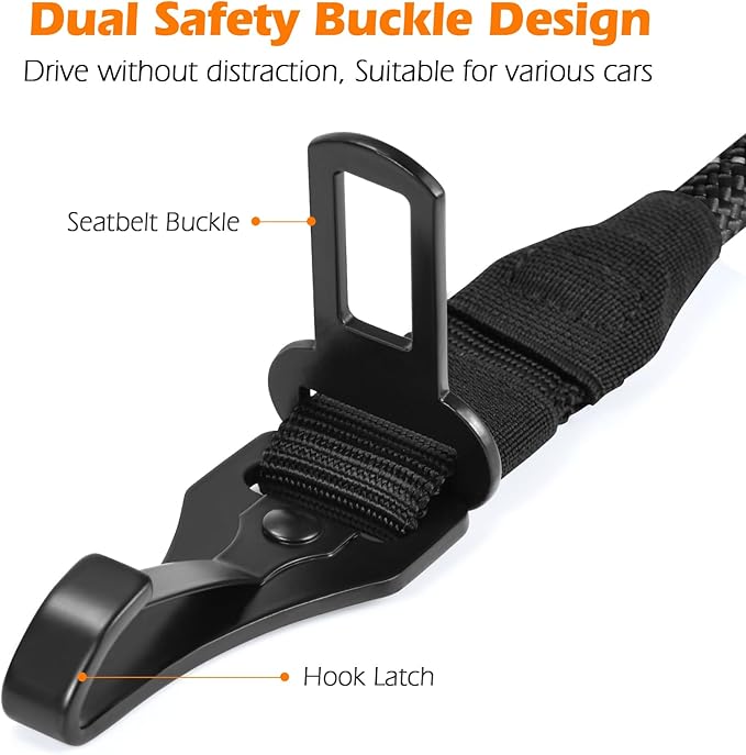 PetBonus Dog Seat Belt for Car, Durable Rope Dog Car Harness Seatbelt for Vehicle, Pet Tether Safety Restraint with Heavy Duty Buckle Hook Latch Lockable Clip for Small Medium Large Breeds (Black)