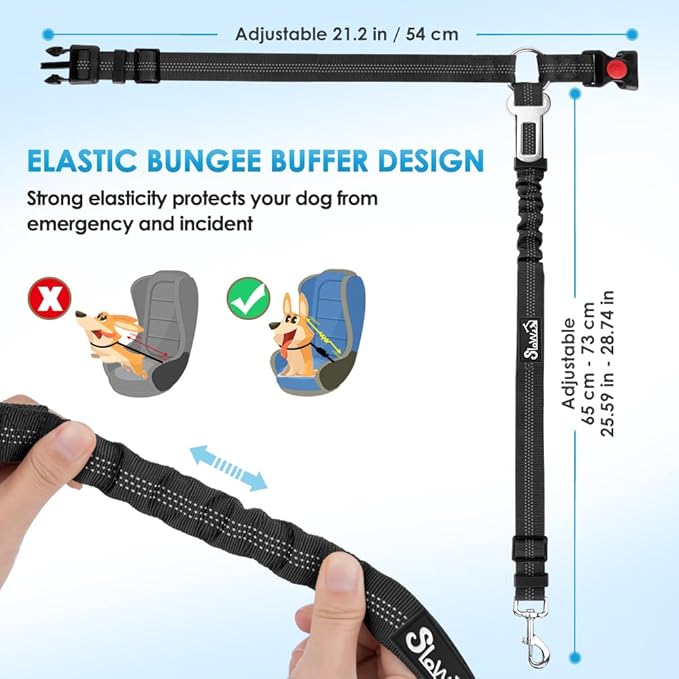 SlowTon Dog Seat Belt for Car, 2 Pack Dog Car Harness Seatbelt Adjustable with Elastic Bungee Buffer, 2 in 1 Pet Car Leash Headrest Restraint Dog Reflective Safety Tether (Black, Headrest+Clip)