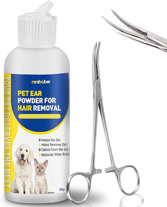 Ear Powder for Dogs Plucking,Dog Ear Infection Treatment with 5.5 Inch Tweezers Curved,Removal Ear Hair Powder,Soothes Itchy Ears & Relieve Scratching