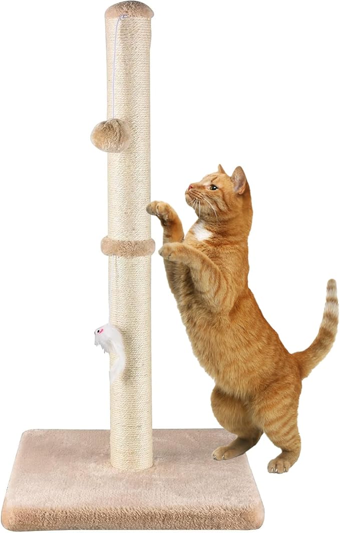 MeowHomm 32” Tall Cat Scratching Posts for Indoor Cats Adults with 2 Hanging Ball, Large Cat Scratch Post Cat Scratcher Includes Sisal Rope(Yellow)