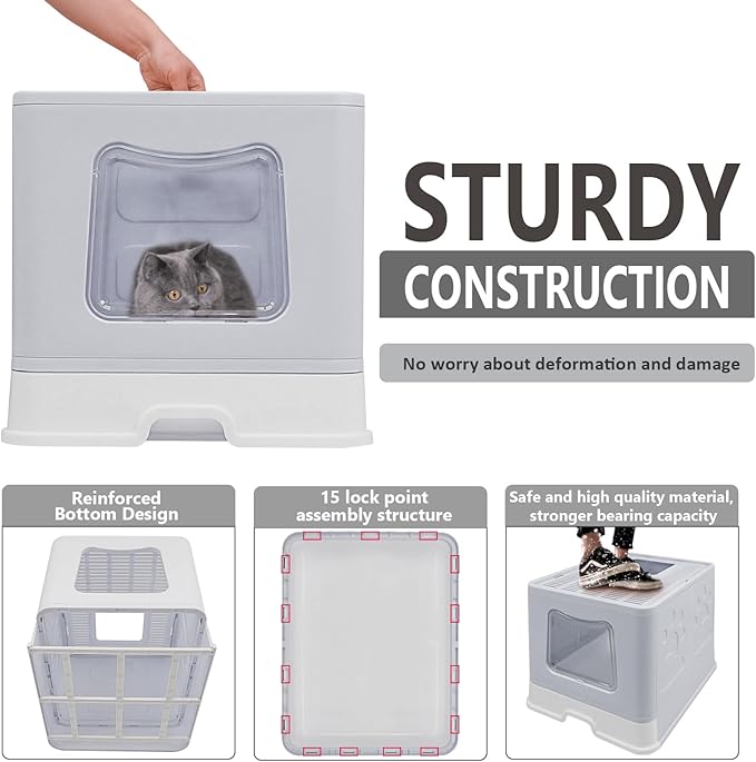XL Foldable Cat Litter Box with Lid - Jumbo Enclosed Potty - Top Entry Anti-Splashing Toilet - Includes Scoop & 2-in-1 Cleaning Brush (Grey)
