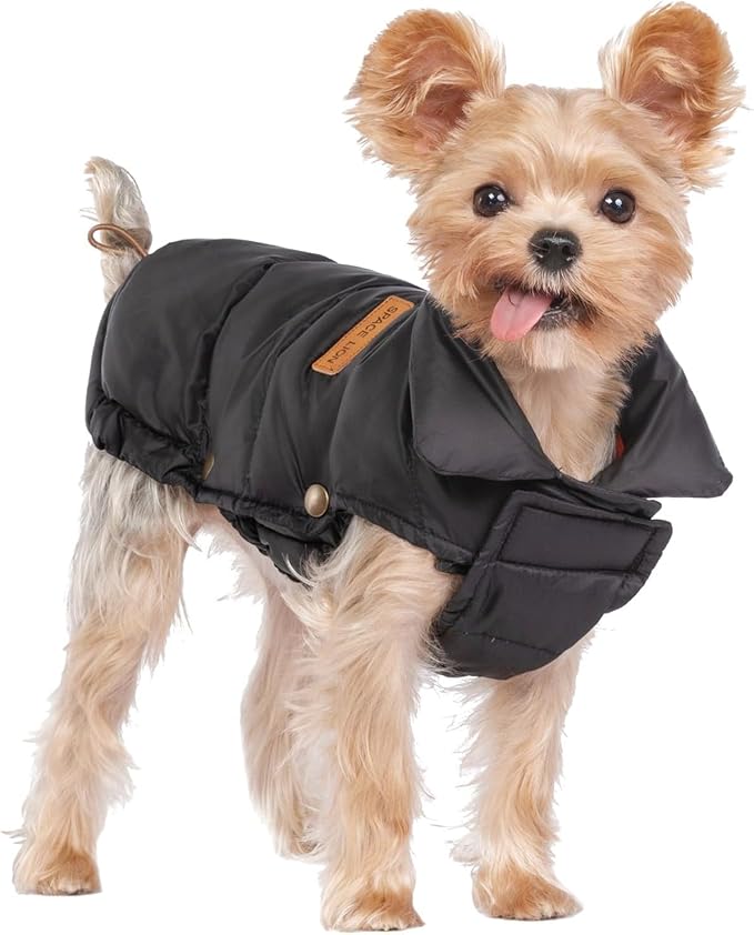 SPACE LION Dog Puffer Jacket, Down Winter Coat, Durable Outdoor Coat for Cold and Windy Conditions, Lightweight & Adjustable Fit Coats for Small Dogs, (Black, Size10/S)
