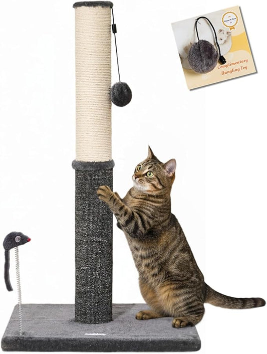 Happi N Pets 29.5" Tall Cat Scratching Post, Cat Scratcher for Indoor Cats, Sisal Scratch Post & Carpet Post in One, Stable Cat Scratch Post with Two Toys, Extra Free Toy, Smokey Gray