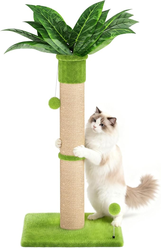 XiaZ Cat Scratching Post 34'' Tall, Cat Tower Scratcher Extra Wide 15.8" Stable Base with 4 Non-Slip Pads, 2 Toy Balls, Natural Sisal & Plush Fabric for Small Medium Large Cats (Green, 4.5in)