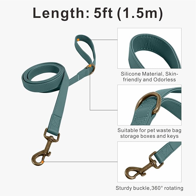 Silicone Dog Collar and Leash Set, Waterproof & Odor-Proof Dog Collar for Large Dogs, Soft Flexible Leather-Look Dog Collars, Durable Thick Adjustable Pet Collar (Green, Large (14.5-24" Neck))