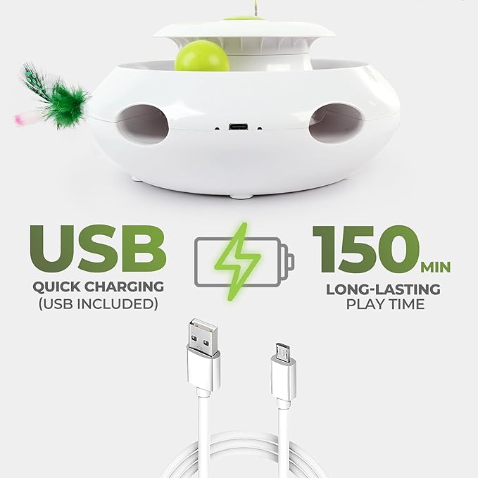 ALL FOR PAWS 3 in 1 Interactive Flutter Bug Cat Toy with Rolling Balls, Whack-a-Mole Feather Toy Automatic Kitten Spinner Toys, Mental Stimulation for Indoor Cats,Includes 6 Teaser Refills