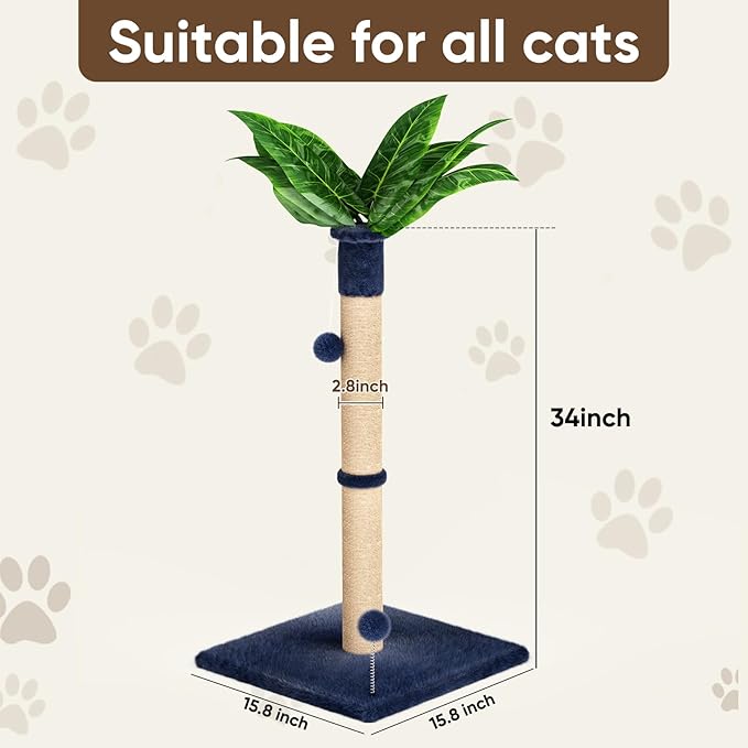 XiaZ Cat Scratching Post 34'' Tall, Cat Scratchers Tree Tower for Indoor Kitty with Extra Wide 15.8" Stable Base and 2 Toy Balls, Natural Sisal & Plush Fabric for Small, Medium Cats(Navy Blue, 2.8in)