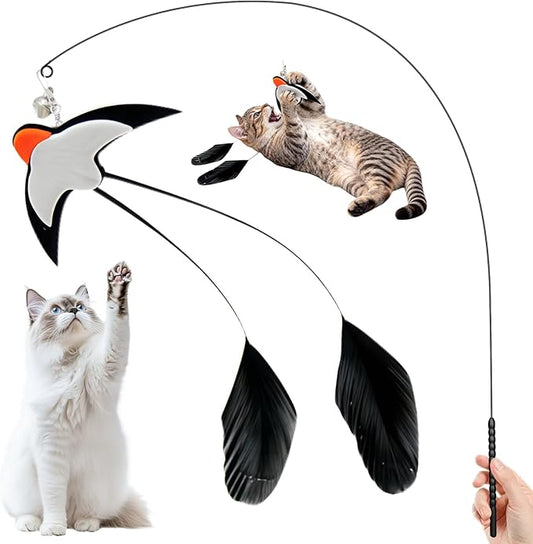 Walfront Cat Teaser Toys – Interactive Bird Toy with Detachable Long‑Tail Swallow, Feather Cat Wand for Indoor Play & Bonding, Realistic Flying Bird Simulation for Active Cats
