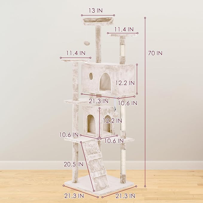 PayLessHere Cat Tree 70in Cat Tower with Cat Scratching Post,Multi-Level Cat Condo Stand House Furniture Kitty Activity Center with Furry Ball Toys Cat Tree for Indoor Cats.Beige