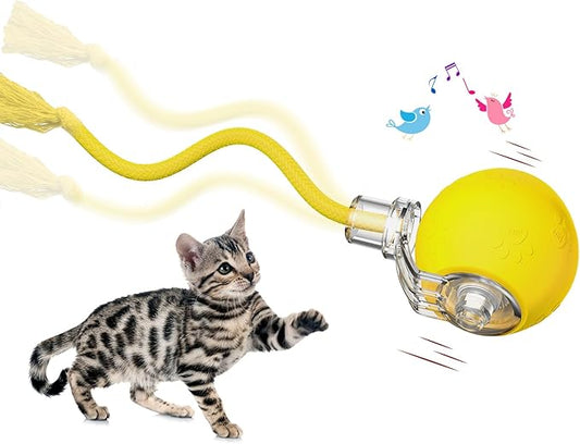 Interactive Cat Toys, Automatic Moving Cat Toys for Bored Indoor Adult Cats, Fast Rolling, Chirping & Motion-Activated Kitty Toys, Fun Gift for Cats with Speedy Tail 2.0, USB Rechargeable (Yellow)