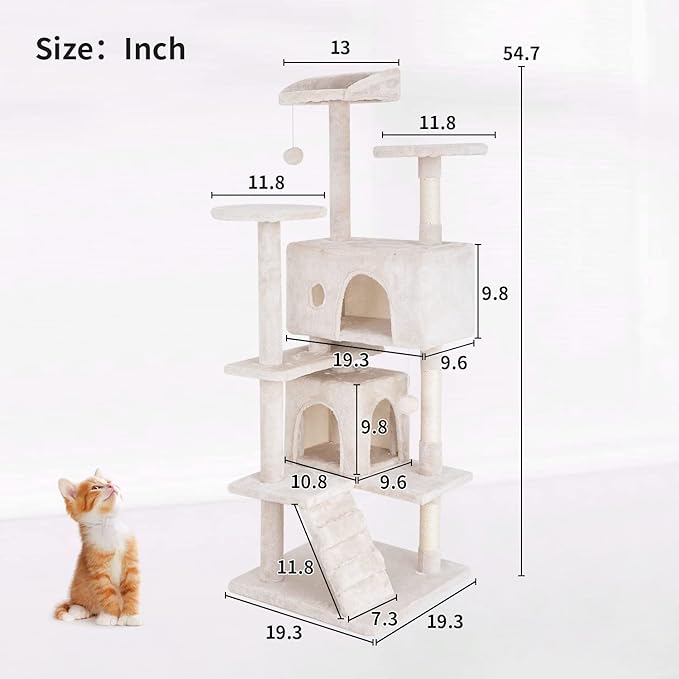 PayLessHere Cat Tree 54in Tower with Cat Scratching Post,Multi-Level Stand House Furniture Kitty Activity Center with Furry Ball Toys for Indoor (Beige)