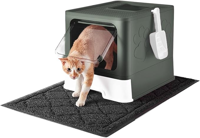 Cat Litter Box with X-Large Litter Mat and Scoop, Large Foldable Litter Box with Lid, Enclosed Kitty Box,Front Top Entry Exit, Odor Control Easy to Clean (Upgrade Olive Green)