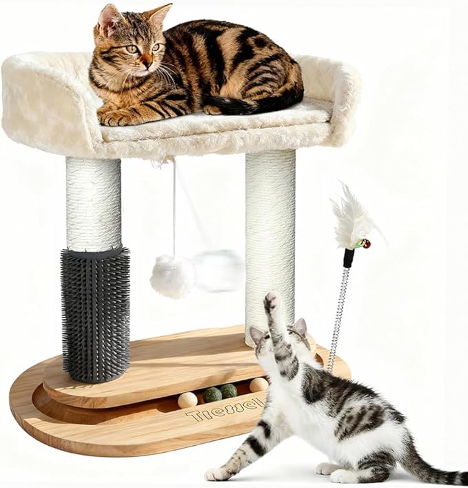 Small Cat Tree Tower, 16.5''H Cat Scratching Post with Bed 6-in-1 Cat Tree with Self Groomer Brush, Natural Sisal Scratcher Cute Kitten Climbing Tower with Scratching Post, Interactive Toy for Indoor