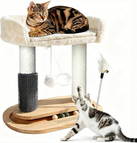 Small Cat Tree Tower, 16.5''H Cat Scratching Post with Bed 6-in-1 Cat Tree with Self Groomer Brush, Natural Sisal Scratcher Cute Kitten Climbing Tower with Scratching Post, Interactive Toy for Indoor