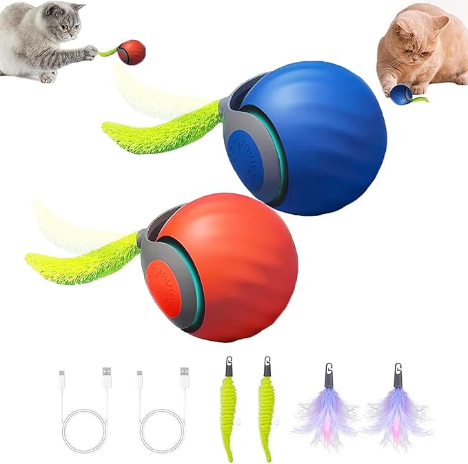 Christmas Stocking Stuffer Speedy 2.0 Tail 2 Packs Interactive Cat Toys for Indoor Cats, Automatic Cat Toy with Tail, Electric Rolling Ball on Carpet,Cat Toys for Bored Indoor Adult Cats