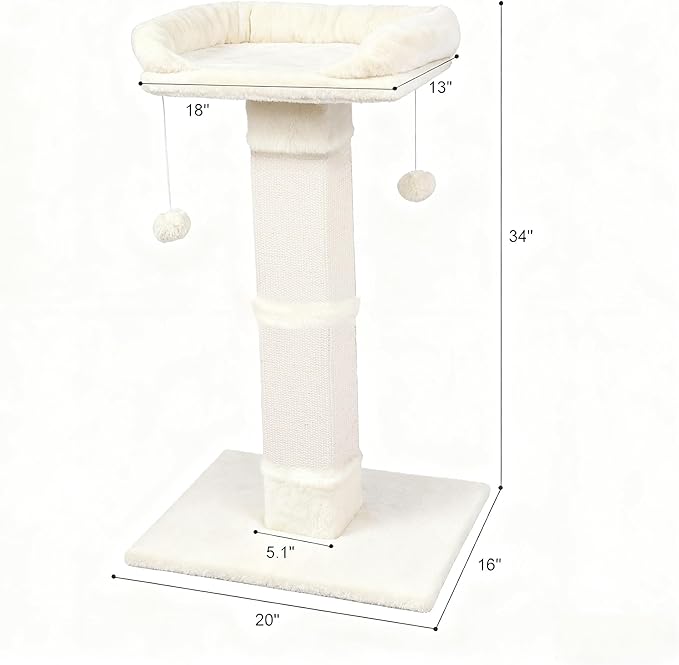 34" Cat Scratching Post for Indoor Cats, Sisal Cat Scratcher with Large Plush Perch, Vertical Posts with Elevated Bed and with Two Dangling Balls, Removable & Washable Cover, Beige White