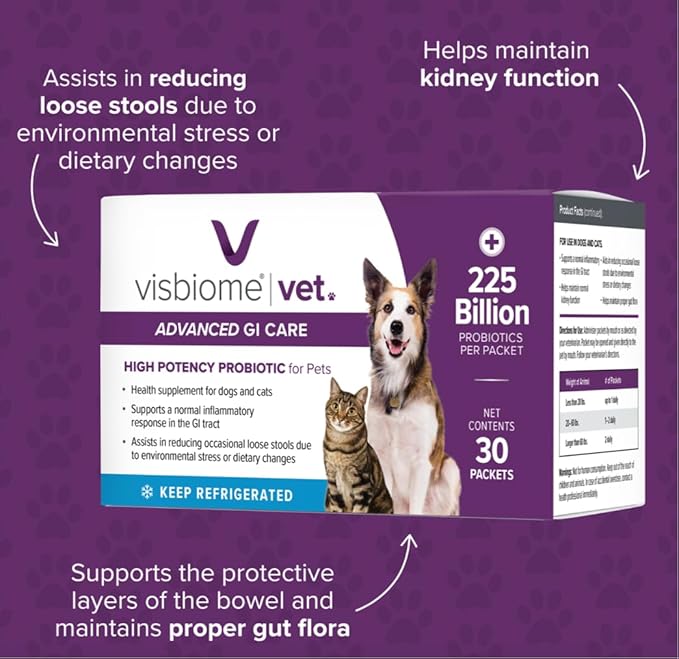 Visbiome® Vet Advanced GI Care High Potency Probiotic for Dogs & Cats – 225B CFU, 8-Strain Formula – Refrigerated, Veterinarian Recommended, Clean Label Certified – 30 Packets