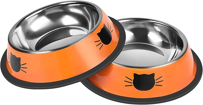2 Pcs Non-Slip Stainless Steel Small Cat Food Bowls - Unbreakable, Thicken 7 Oz Cat Dishes - Indoor, Removable Rubber Base, Easily Clean, Lovely Color