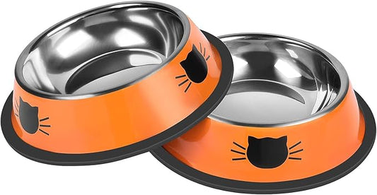 2 Pcs Non-Slip Stainless Steel Small Cat Food Bowls - Unbreakable, Thicken 7 Oz Cat Dishes - Indoor, Removable Rubber Base, Easily Clean, Lovely Color