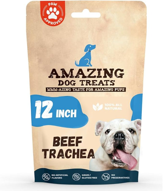 Amazing Dog Treats - 12 Inch Beef Trachea Chews for Dogs (10 pcs/pk) - 100% Natural Trachea Dog Treats - Excellent Source of Glucosamine - Natural Long Lasting Treats