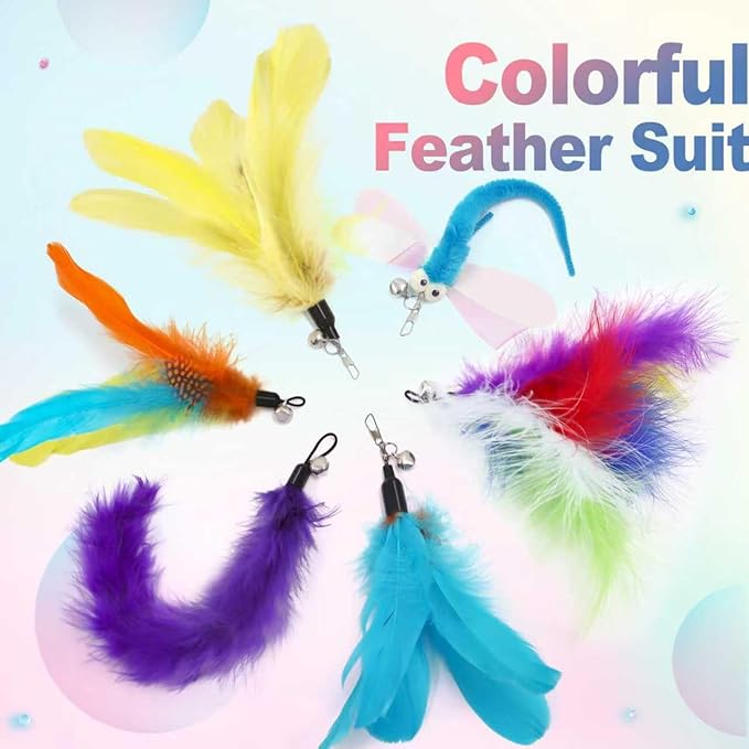 SONGWAY Cat Wand Toys for Indoor Cats - Cat Toy Set with Retractable Teaser Wand and 6 PCS Colorful Feather Toy Refills, Dragonfly Tassel Plush Cat Toys Interactive, Multicolored