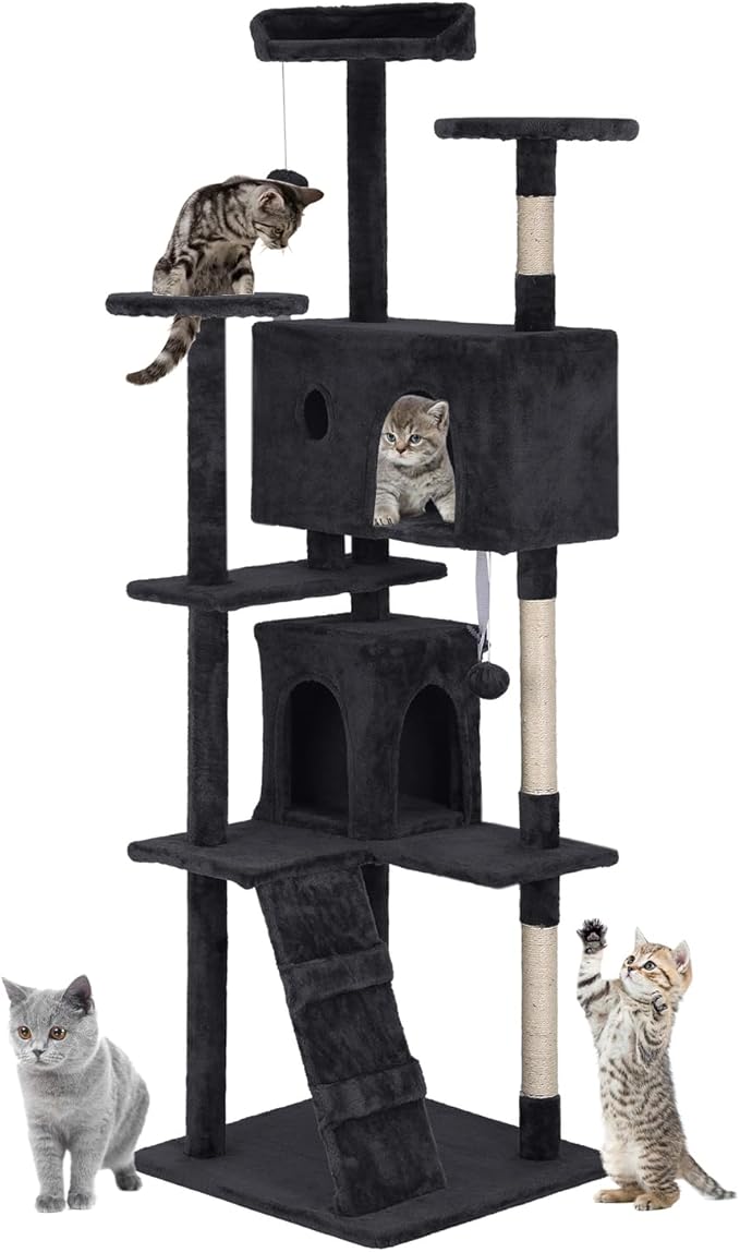 PayLessHere Cat Tree 70in Cat Tower with Cat Scratching Post,Multi-Level Cat Condo Stand House Furniture Kitty Activity Center with Furry Ball Toys Cat Tree for Indoor Cats,Dark Gray