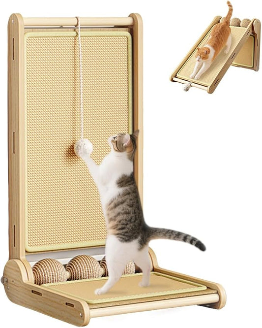 L Shaped Cat Scratching Post with Ball Toys, Sisal & Wooden Base Cat Scratcher Ramp for Indoor Cats, 23.6" Tall Durable Cat Scratch Pad for Wall and Couch Protection (Natural)