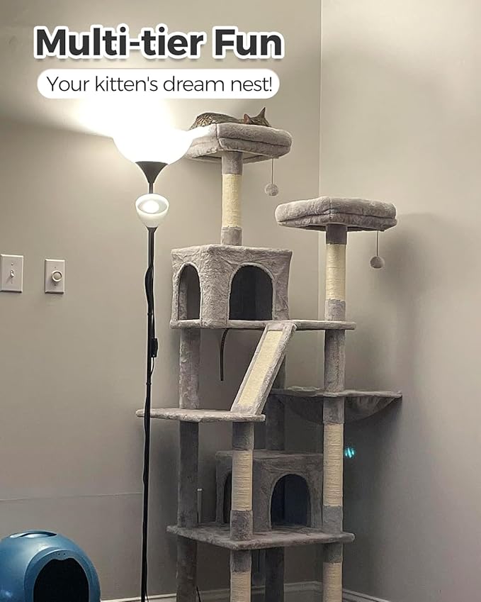 Tall Cat Tree 70.9", Large Cat Tree for Indoor Cats, Multi-Level Plush Cat Condo with 6 Scratching Posts, 2 Scratching Boards, 2 Perches, 2 Caves, Hammock, 2 Pompoms, Gray