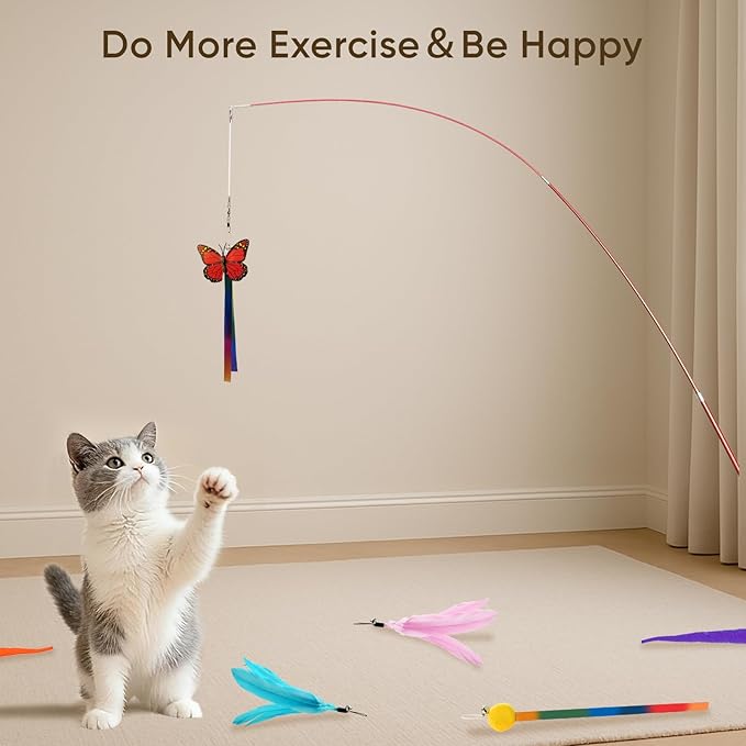 Cat Toys for Indoor Cats, 13 Packs Interactive Cat Wand Toy Set with Feather＆Ribbon Refills, Feather Toys for Exercise, Playtime and Boredom Relief with Kitten