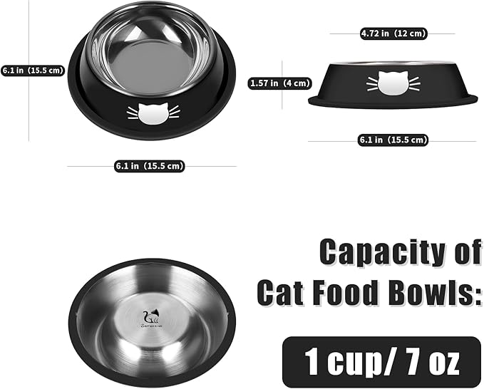 2 Pcs Non-Slip Stainless Steel Small Cat Food Bowls - Unbreakable, Thicken 7 Oz Cat Dishes - Indoor, Removable Rubber Base, Easily Clean, Lovely Color