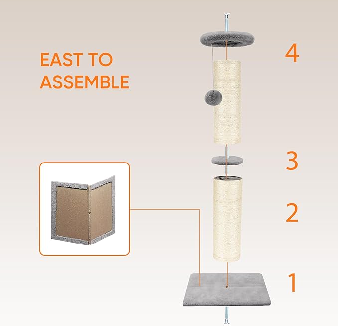 PAWSCRAT Cat Scratching Post 32" Tall, Large Diameter Natural Sisal Cat Scratch Post with Dangling Ball, Scratch-Resistant and Durable for Indoor Cats, Protect Your Furniture, LightGrey