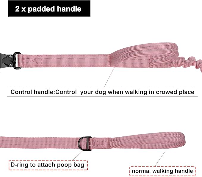 ICEFANG Tactical Dog Leash,K9 Training Walking Bungee Lead with 2 Control Handle,Heavy Duty Quick Release Metal Clasp,for Medium Large Breed (Pink, 6 FT)