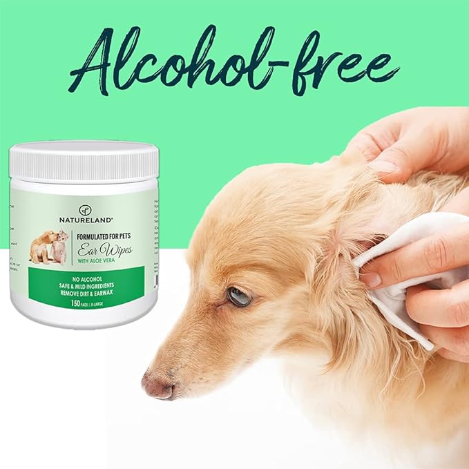 [150 pcs Extra-Large] Natureland Dog Ear Wipes - Extra Large Pads [170%] - Otic Cleaning Wipes for Infections and Controlling Ear Infections and Ear Odor in Pets
